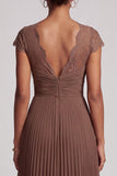 Coffee Pleated A Line Maxi Dress with Lace Cap Sleeves