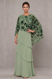 Dusty Sage Tiered Chiffon Mother of the Bride Dress with Cape