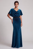 Peacock Blue Cowl Neck Velvet Mermaid Long Mother of the Bride Dress
