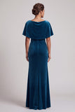 Peacock Blue Cowl Neck Velvet Mermaid Long Mother of the Bride Dress