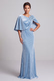 Light Blue 3D Flower Mermaid Velvet Mother of the Bride Dress with Cape Sleeves