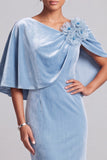 Light Blue 3D Flower Mermaid Velvet Mother of the Bride Dress with Cape Sleeves