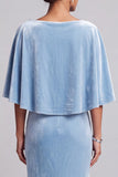 Light Blue 3D Flower Mermaid Velvet Mother of the Bride Dress with Cape Sleeves