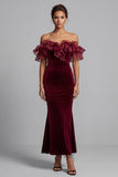 Off the Shoulder Ruffle Burgundy Velvet Mermaid Formal Dress