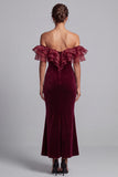 Off the Shoulder Ruffle Burgundy Velvet Mermaid Formal Dress