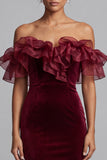Off the Shoulder Ruffle Burgundy Velvet Mermaid Formal Dress