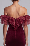 Off the Shoulder Ruffle Burgundy Velvet Mermaid Formal Dress