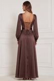 Espresso A Line Square Neck Long Sleeve Bridesmaid Dress with Slit