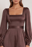 Espresso A Line Square Neck Long Sleeve Bridesmaid Dress with Slit