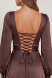 Espresso A Line Square Neck Long Sleeve Bridesmaid Dress with Slit