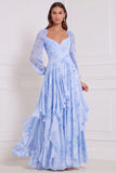 Blue Floral Long Sleeve A Line Ruffled Bridesmaid Dress with Lace-up Back