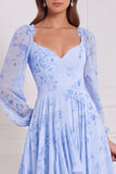 Blue Floral Long Sleeve A Line Ruffled Bridesmaid Dress with Lace-up Back