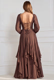 Blue Floral Long Sleeve A Line Ruffled Bridesmaid Dress with Lace-up Back