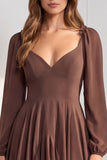 Blue Floral Long Sleeve A Line Ruffled Bridesmaid Dress with Lace-up Back