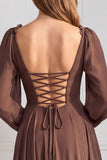 Blue Floral Long Sleeve A Line Ruffled Bridesmaid Dress with Lace-up Back