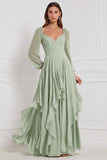Blue Floral Long Sleeve A Line Ruffled Bridesmaid Dress with Lace-up Back