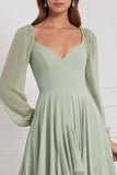 Blue Floral Long Sleeve A Line Ruffled Bridesmaid Dress with Lace-up Back