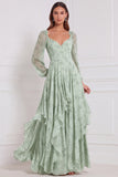 Blue Floral Long Sleeve A Line Ruffled Bridesmaid Dress with Lace-up Back