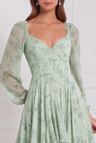 Blue Floral Long Sleeve A Line Ruffled Bridesmaid Dress with Lace-up Back