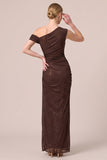Glitter Espresso Sheath Asymmetrical Neck Long Formal Dress