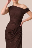 Glitter Espresso Sheath Asymmetrical Neck Long Formal Dress