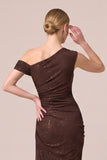 Glitter Espresso Sheath Asymmetrical Neck Long Formal Dress