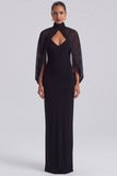 Black High Neck Sheath Long Formal Dress with Cape Sleeves