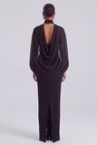 Black High Neck Sheath Long Formal Dress with Cape Sleeves
