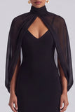 Black High Neck Sheath Long Formal Dress with Cape Sleeves