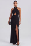 Halter Black Sheath Cut Out Backless Long Formal Dress with Slit