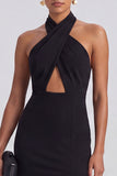 Halter Black Sheath Cut Out Backless Long Formal Dress with Slit