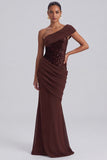 One Shoulder Espresso Ruched Sequin Mermaid Long Formal Dress