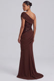 One Shoulder Espresso Ruched Sequin Mermaid Long Formal Dress