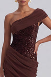 One Shoulder Espresso Ruched Sequin Mermaid Long Formal Dress