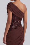 One Shoulder Espresso Ruched Sequin Mermaid Long Formal Dress