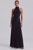 High Neck Black A Line Long Formal Dress with Sequins