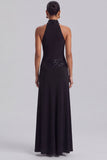 High Neck Black A Line Long Formal Dress with Sequins