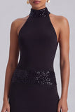 High Neck Black A Line Long Formal Dress with Sequins