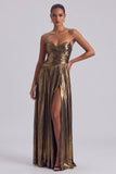Metallic Gold Strapless Ruched A Line Long Formal Dress with Slit