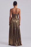 Metallic Gold Strapless Ruched A Line Long Formal Dress with Slit