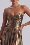 Metallic Gold Strapless Ruched A Line Long Formal Dress with Slit