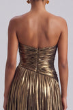 Metallic Gold Strapless Ruched A Line Long Formal Dress with Slit