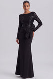 Long Sleeve Black Mermaid Sequin Formal Dress with Bow