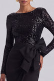 Long Sleeve Black Mermaid Sequin Formal Dress with Bow