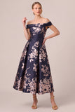 Off the Shoulder Jacquard A Line Navy Mother of the Bride Dress