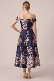 Off the Shoulder Jacquard A Line Navy Mother of the Bride Dress