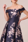 Off the Shoulder Jacquard A Line Navy Mother of the Bride Dress