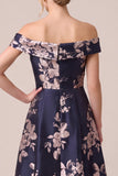 Off the Shoulder Jacquard A Line Navy Mother of the Bride Dress