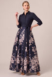 Navy A Line Jacquard 3/4 Sleeve Mother of the Bride Dress with Sash
