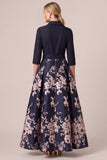 Navy A Line Jacquard 3/4 Sleeve Mother of the Bride Dress with Sash
